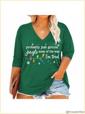 Women's Plus Size Christmas T-Shirt 3/4 Sleeve V-Neck Holiday Tee